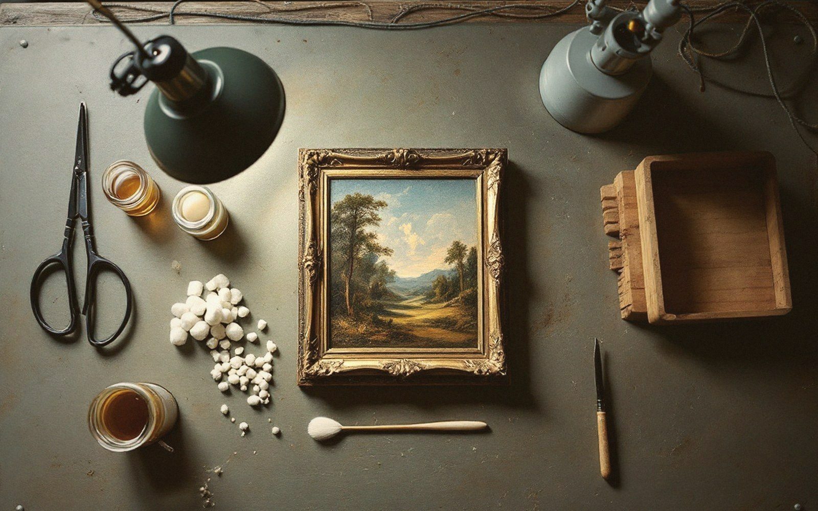 Small gilt-framed landscape painting laid on a table amid restoration tools and lamps