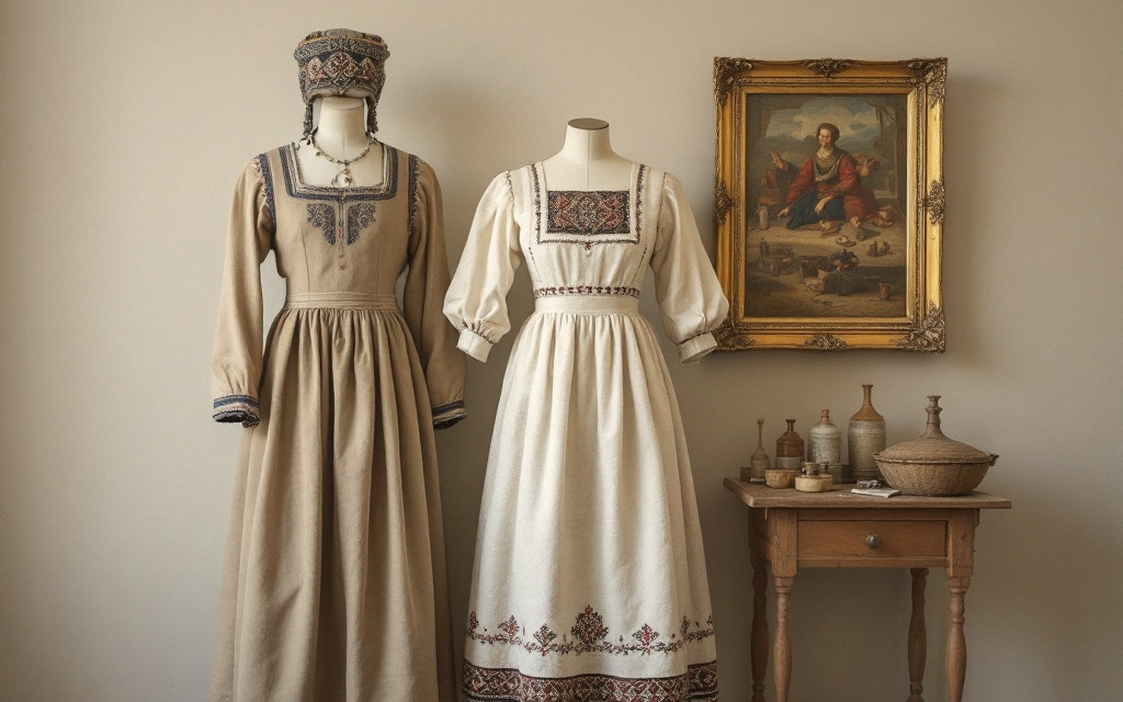 Two embroidered folk dresses on mannequins beside a framed painting and antique vessels