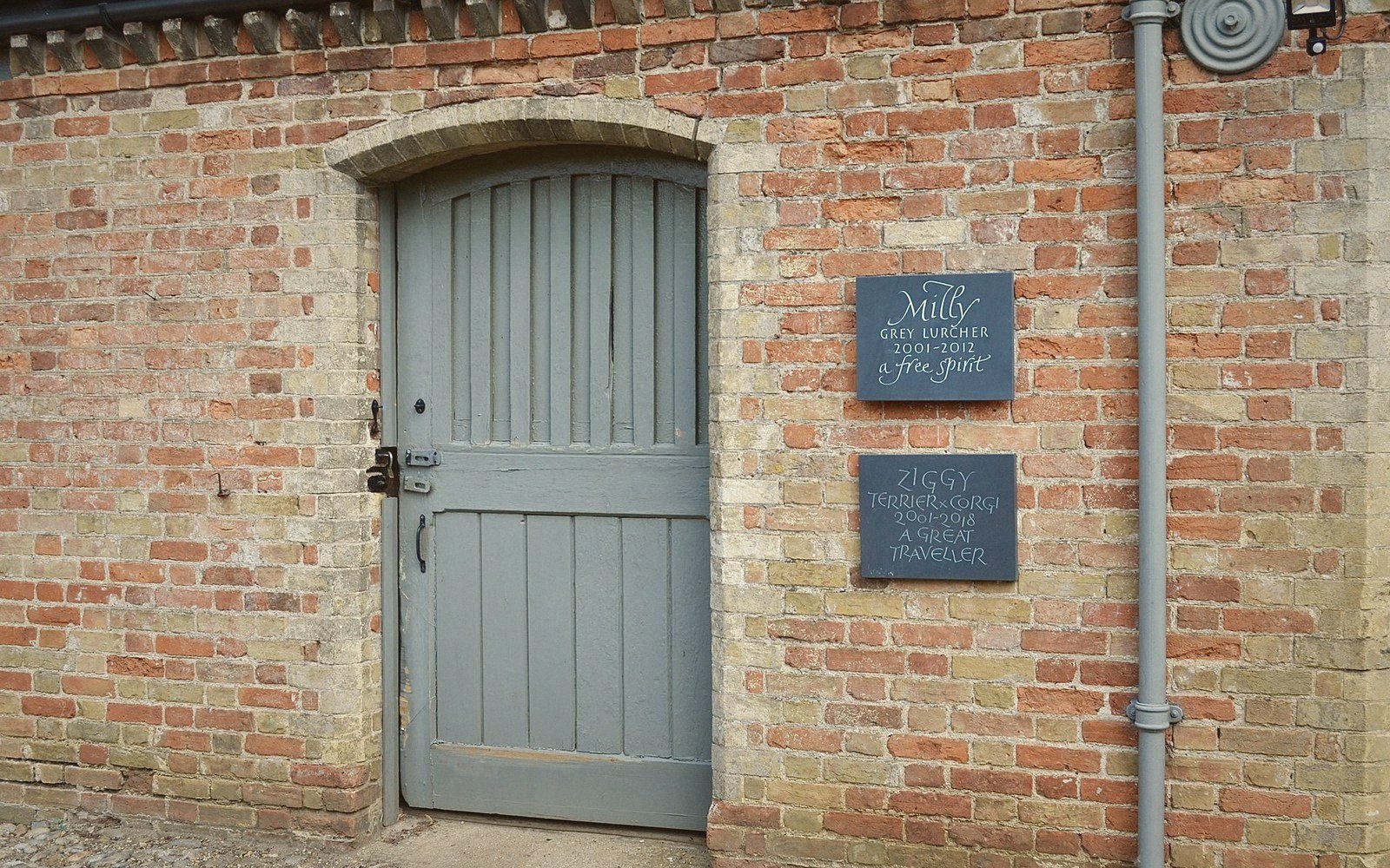 Weathered blue door in a brick wall beside two engraved pet memorial plaques