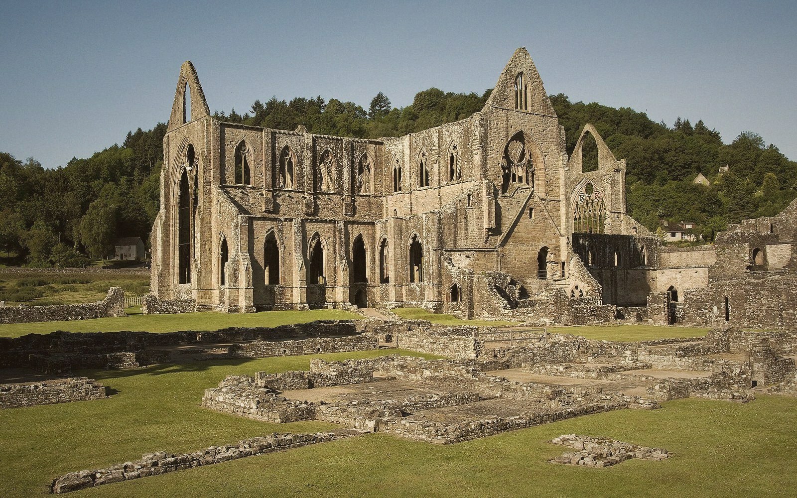 Roofless stone ruins of Tintern Abbey with gothic arched windows against a wooded hillside