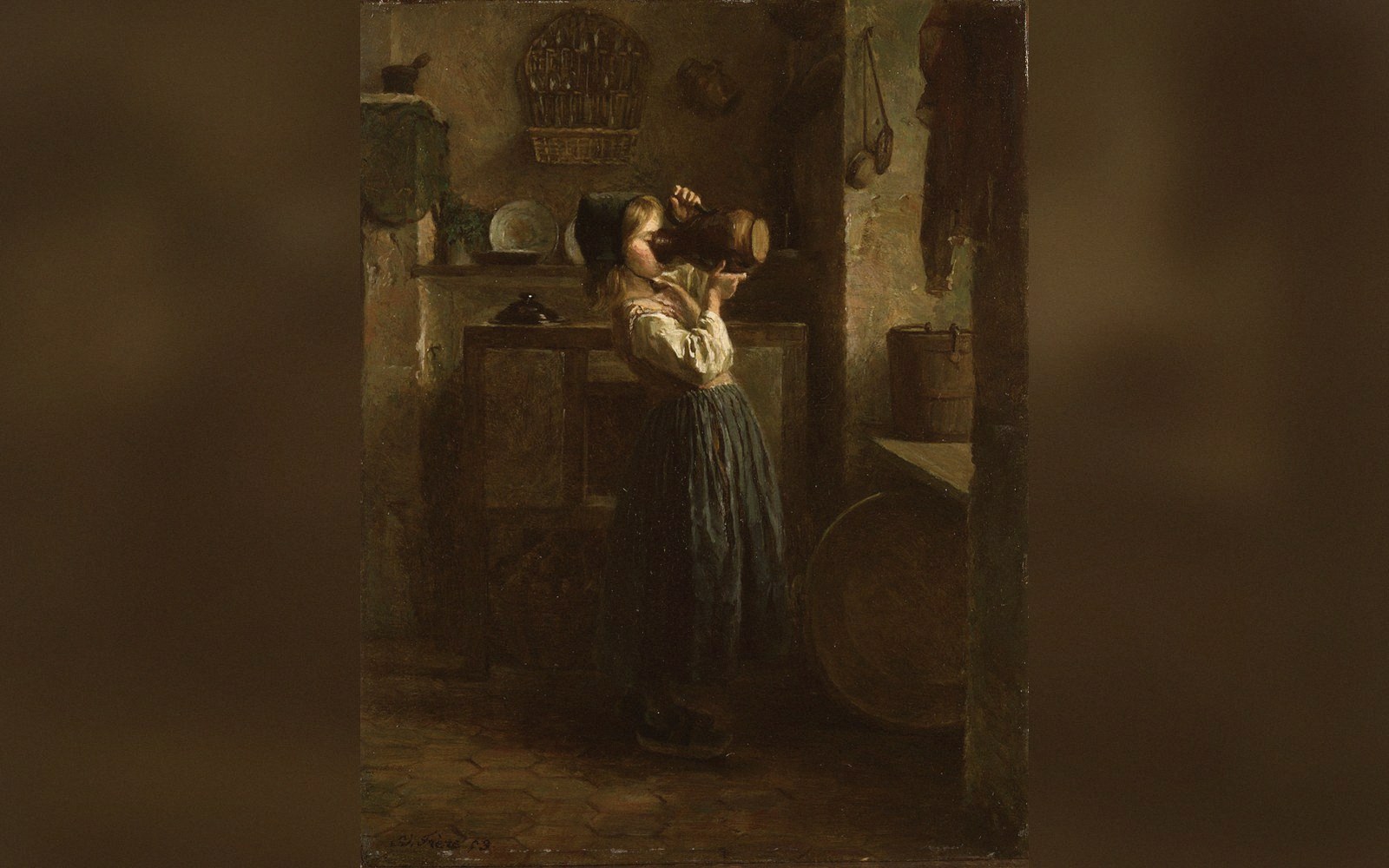 Painting of a young girl in a rustic kitchen tipping a jug to drink from it